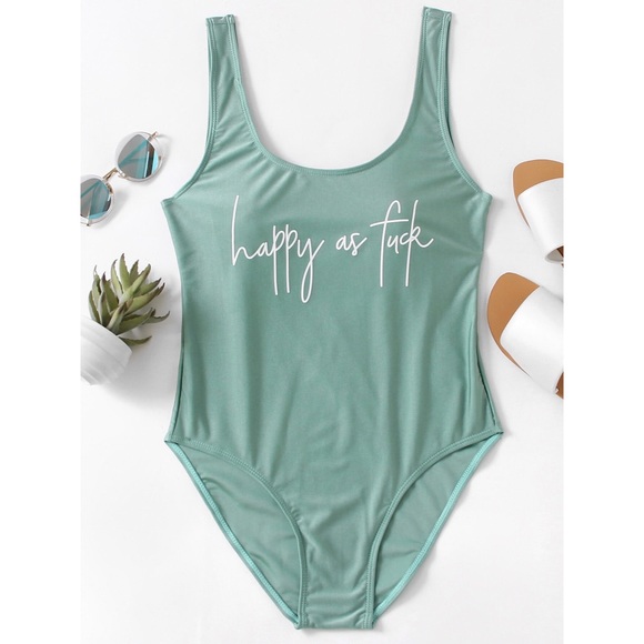 Other - Happy As F* Teal Low Back One Piece Swimsuit